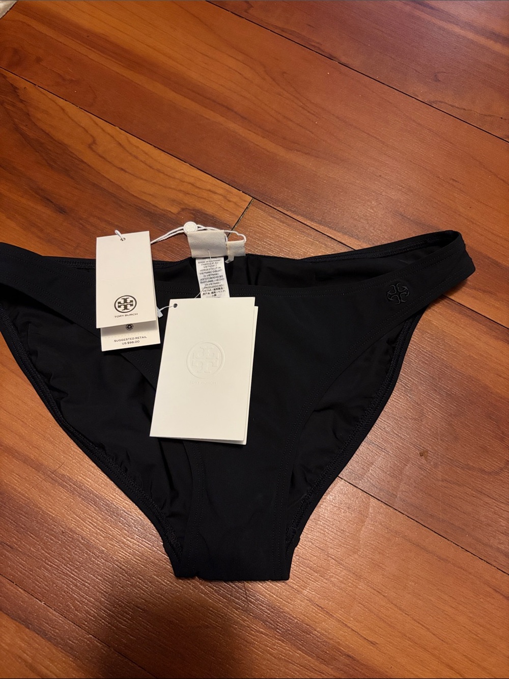 Tory Burch Black Solid Hipster Bikini Bottom with Subtle Logo Sz XS NWT $98